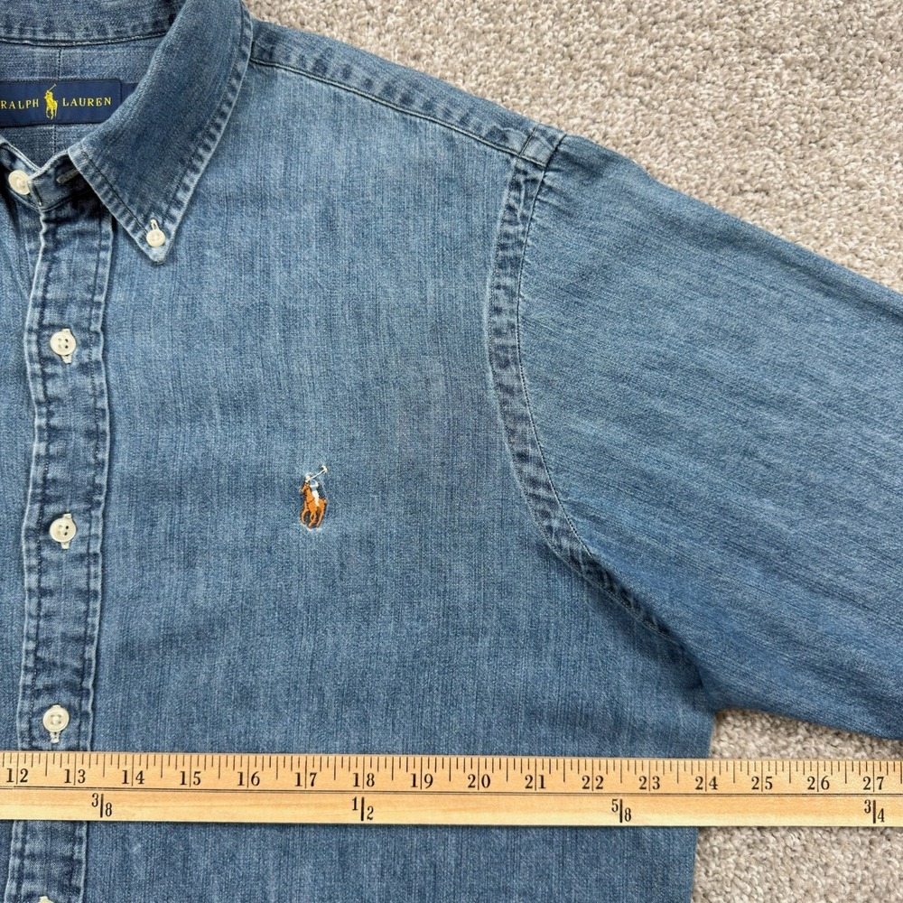 Polo Ralph Lauren Shirt Mens L Chambray Flesh Pony Button Down Blue - Picture 6 of 13